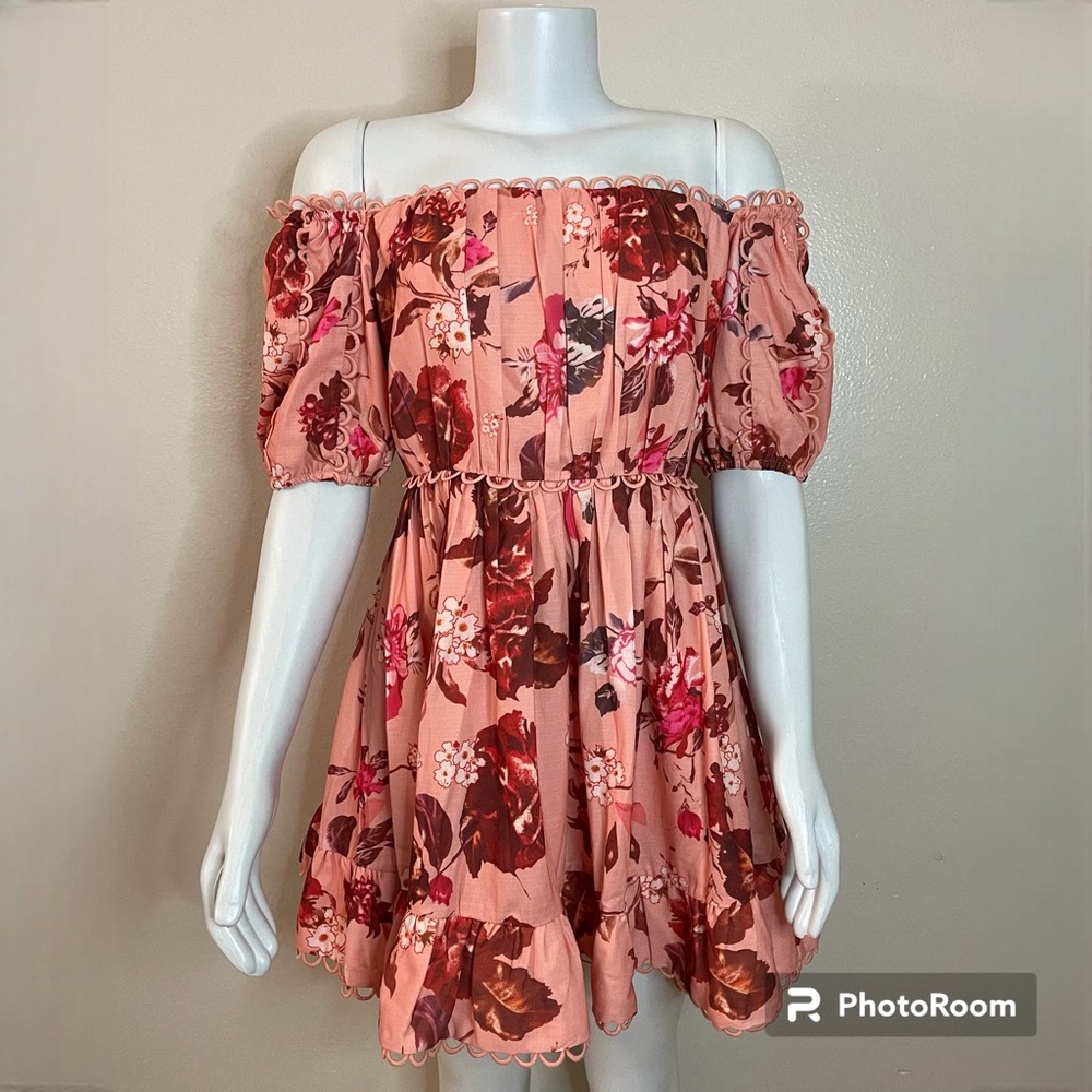 Floral pink off the shoulder short sleeve scalloped details ruffle mini dress